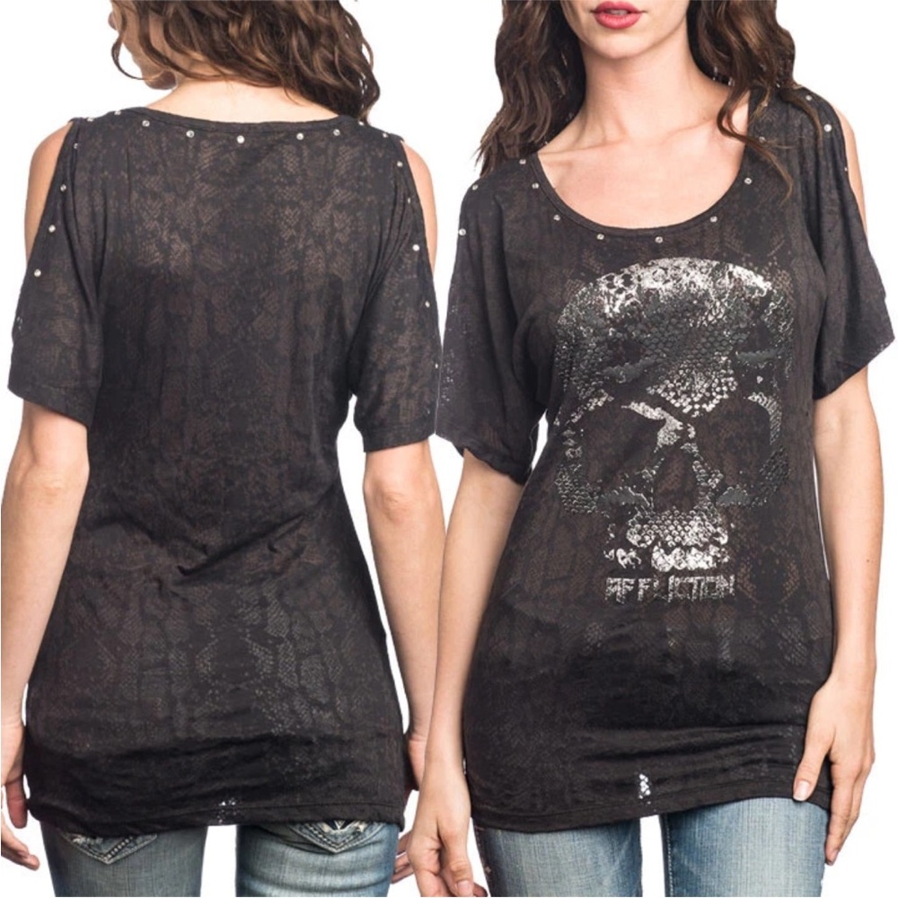 Affliction Temporal AW10043 Skull Off Shoulder Womens Top Black Medium Studded